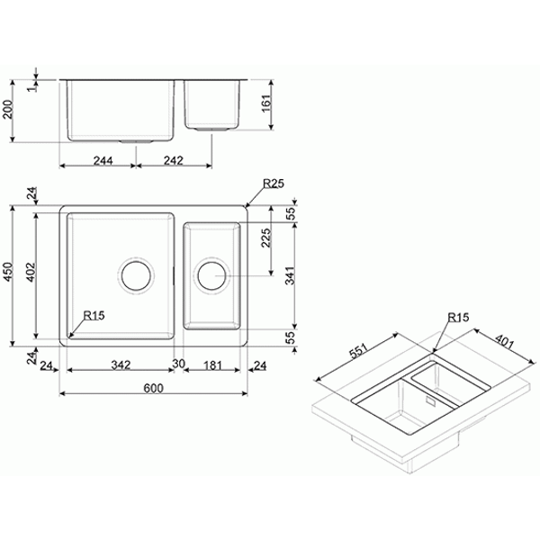 Evier sous-encastrable - 60 cm - 1 cuve + 1/2 - radius 15 mm - inox 