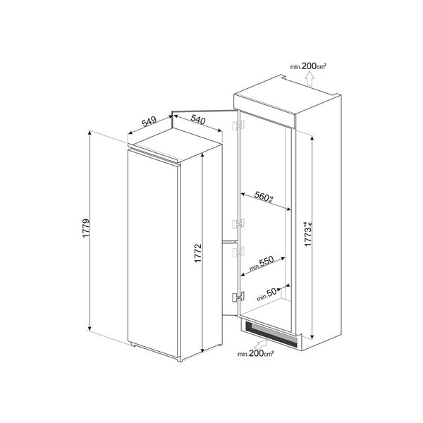 Inbouw Enkeldeurs koelkast 178cm 311L 