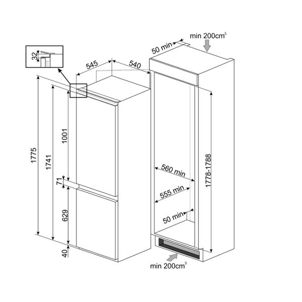 Inbouw Koel-vriescombinatie 178cm 2 deuren no frost 193L+69L 