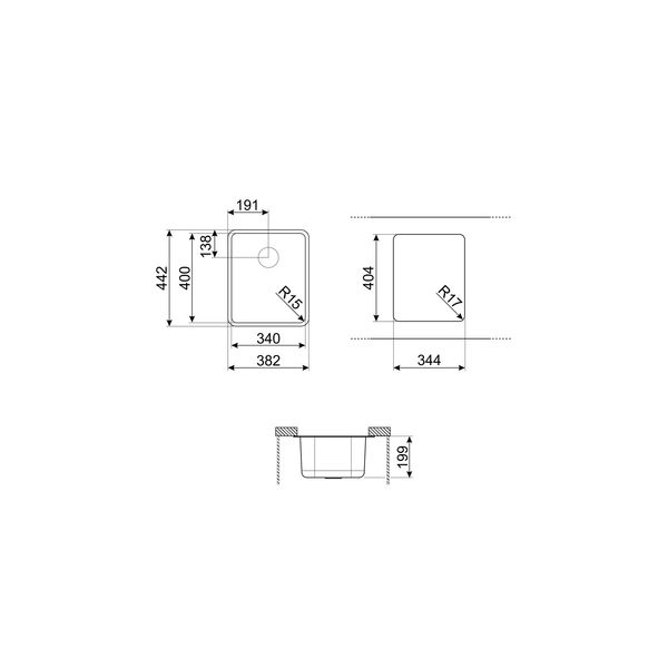 Smeg Spoelbak onderbouw - 34 cm - 1 bak - zwart PVD 