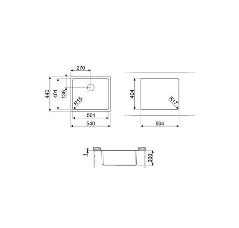 Spoelbak onderbouw - 50 cm - 1 bak - zwart PVD  Smeg