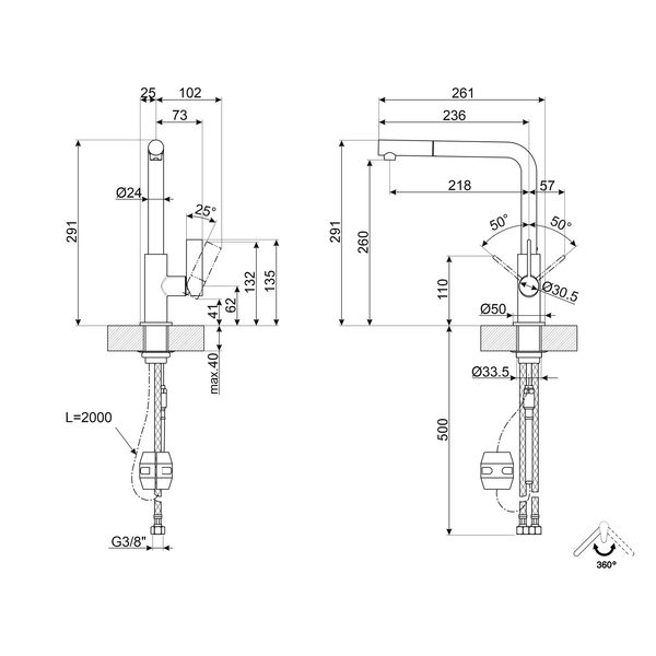 Mitigeur universel - douchette flexible retractable - PVD cuivre 