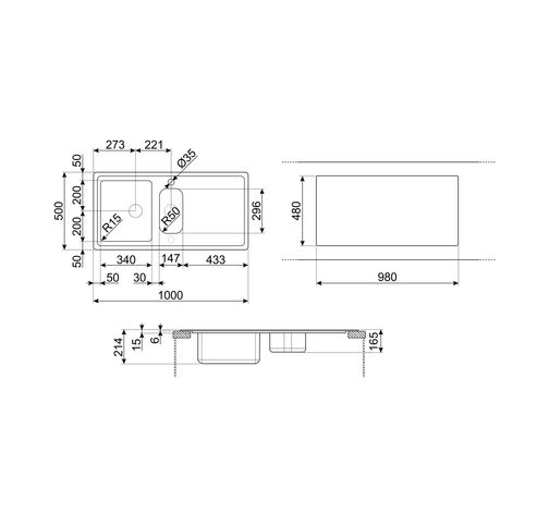 Spoelbak semi-vlakbouw - 102 cm - 1 bak + 1/2 - verlek - omkeerbaar - standaard crepine met automatische pop-up - inox  Smeg