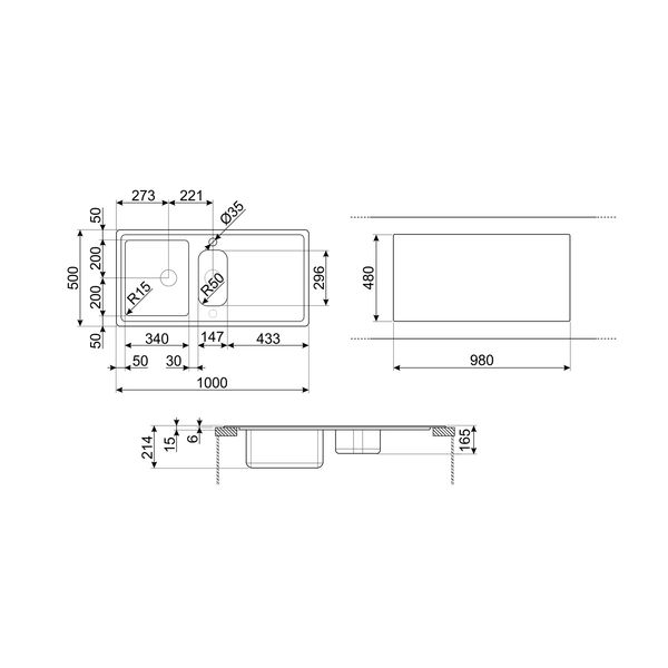 Evier semi-affleurant - 102 cm - 1 cuve + 1/2 - égouttoir - réversible - crepine avec pop-up automatique - inox 