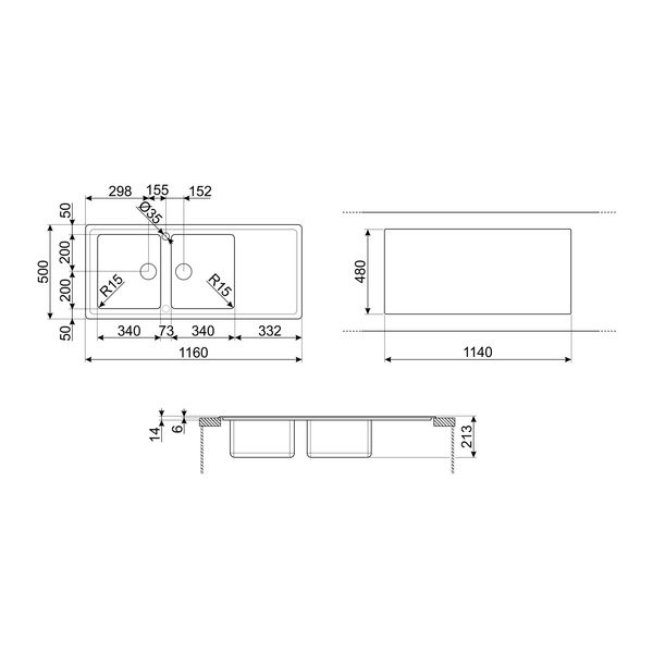 Spoelbak semi-vlakbouw - 116 cm - 2 bakken - verlek - omkeerbaar - standaard crepine met automatische pop-up - inox  