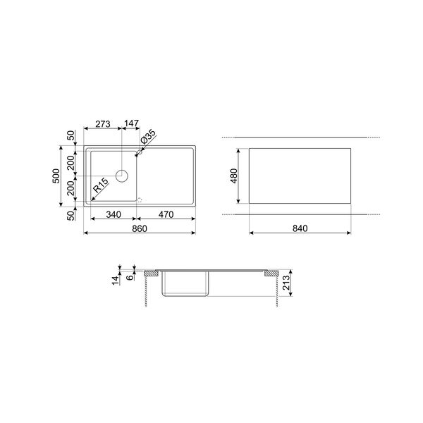 Spoelbak semi-vlakbouw - 86 cm - 1 bak - verlek - omkeerbaar - standaard crepine met automatische pop-up - inox  