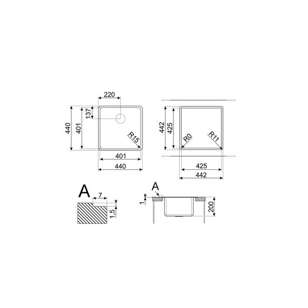 Spoelbak vlakbouw, semi-vlakbouw of onderbouw - 40 cm - 1 bak - inox  