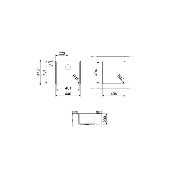 Spoelbak vlakbouw, semi-vlakbouw of onderbouw - 40 cm - 1 bak - inox  