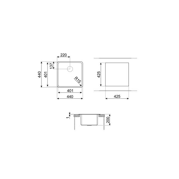 Spoelbak vlakbouw, semi-vlakbouw of onderbouw - 40 cm - 1 bak - inox  