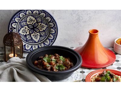 Tajine TINGHIR inductie voor alle warmtebronnen, geëmailleerd gietijzer, kom van gietijzer, deksel, tajines en couscous, inhoud 2,5 l, blauw