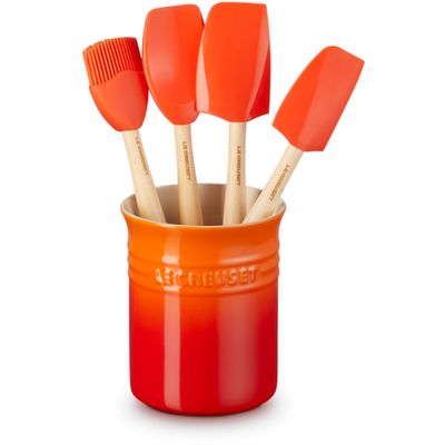 Geschenkset met Spatelpot in Aardewerk en 4 Premium Spatels Oranjerood  Le Creuset