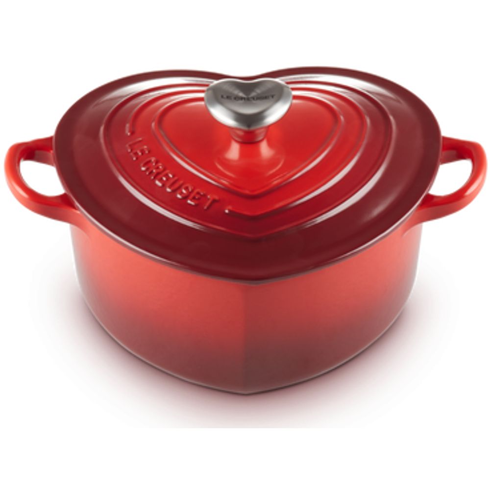 Le Creuset Kookpotten Braadpan Hart in Geëmailleerd Gietijzer met RVS Hartjesknop 20cm 1,9L Kersenrood