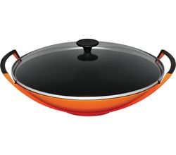 Wok in Geëmailleerd Gietijzer met Glazen Deksel 36cm 4,5l Oranjerood  Le Creuset