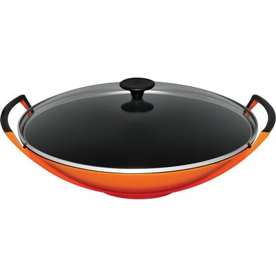 Wok in Geëmailleerd Gietijzer met Glazen Deksel 36cm 4,5l Oranjerood   Le Creuset