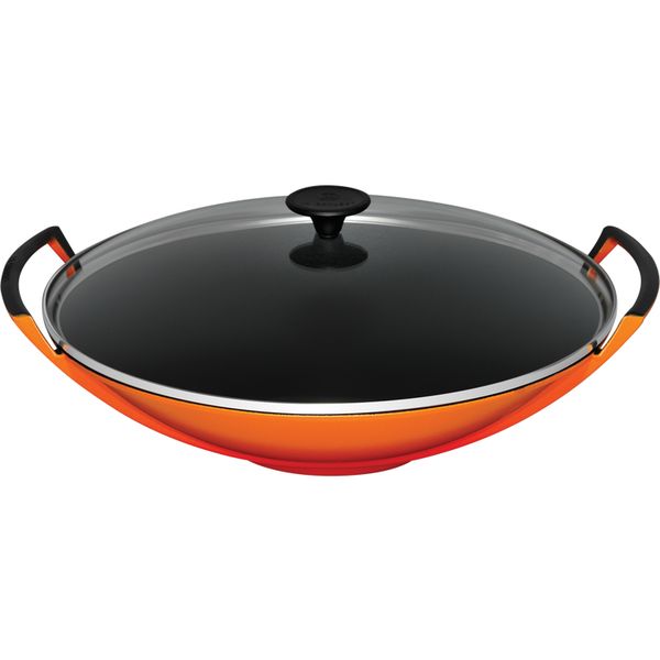 Wok in Geëmailleerd Gietijzer met Glazen Deksel 36cm 4,5l Oranjerood  