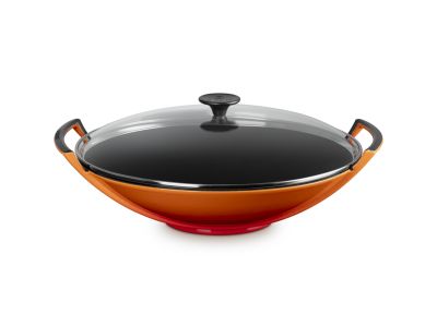 Wok in Geëmailleerd Gietijzer met Glazen Deksel 36cm 4,5l Oranjerood 