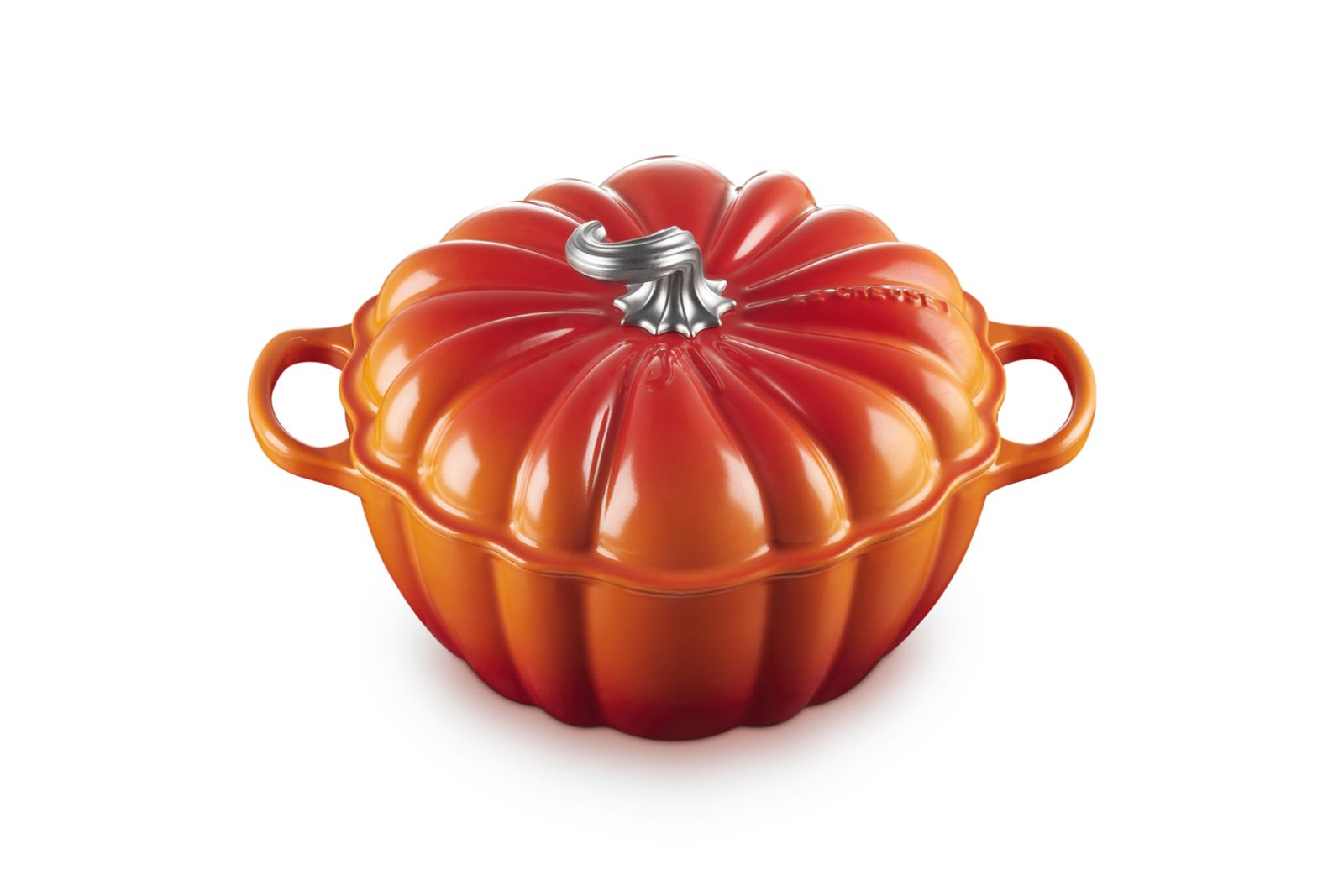 Stoofpan Pompoen in Geëmailleerd Gietijzer Met zilveren Knop 24cm 3,7l Oranjerood