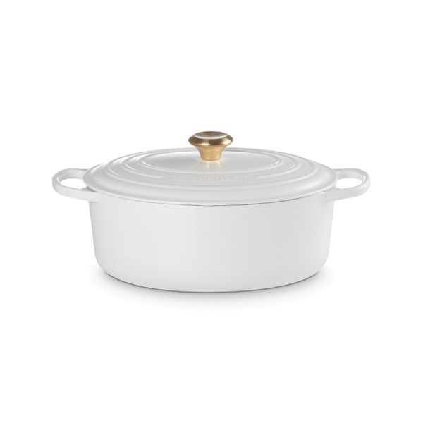 Le Creuset Stoofpan Ovaal in Geëmailleerd Gietijzer met Goudkleurige Knop 31cm 4,1l  Wit