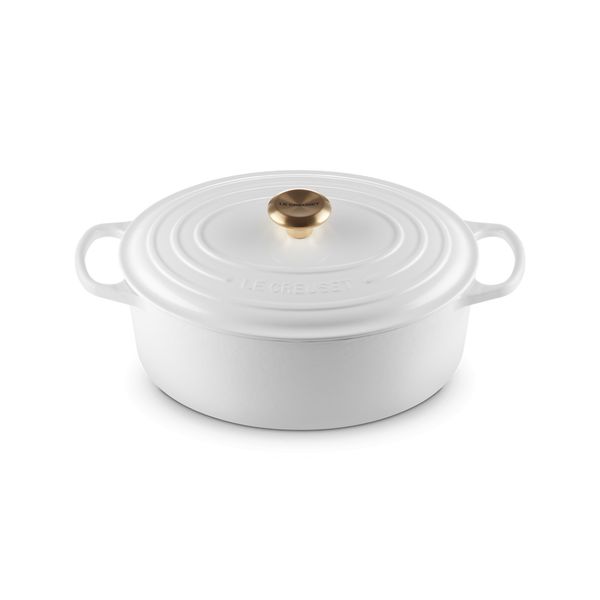 Le Creuset Stoofpan Ovaal in Geëmailleerd Gietijzer met Goudkleurige Knop 31cm 4,1l  Wit