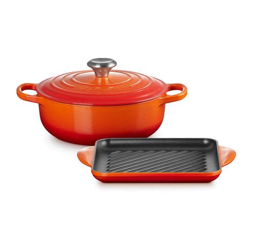 Signature Sauteuse + Grill Vierkant   24cm  Oranjerood  Le Creuset