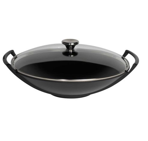 Wok en fonte émaillée avec couvercle en verre 36cm 4,5l Noir mat  Le Creuset