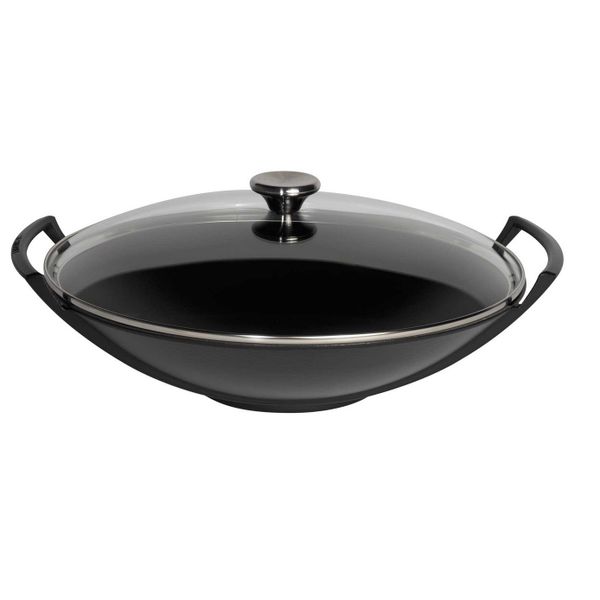 Wok in Geëmailleerd Gietijzer met Glazen Deksel 36cm 4,5l Mat zwart 