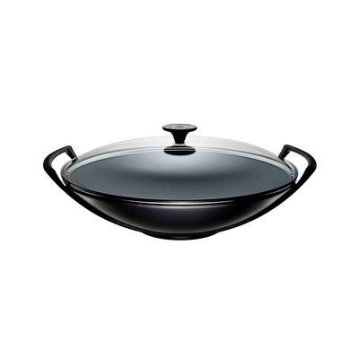 Wok in Geëmailleerd Gietijzer met Glazen Deksel 36cm 4,5l Mat zwart  Le Creuset