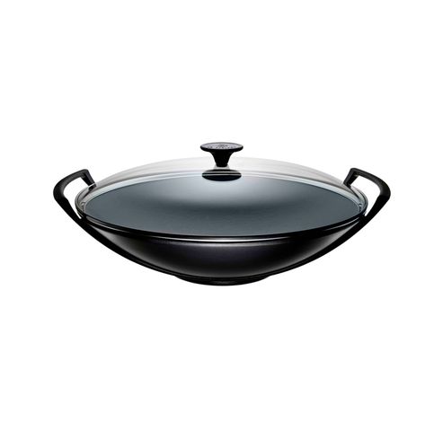 Wok en fonte émaillée avec couvercle en verre 36cm 4,5l Noir mat  Le Creuset