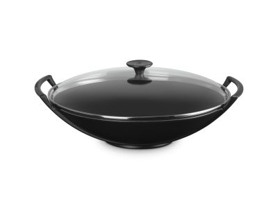 Wok in Geëmailleerd Gietijzer met Glazen Deksel 36cm 4,5l Mat zwart