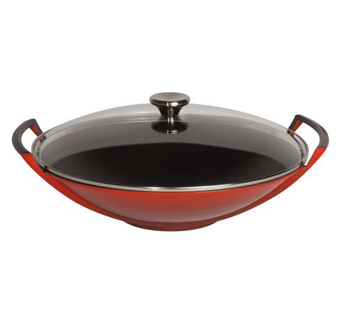 Wok en fonte émaillée avec couvercle en verre 36cm 4,5l Cerise  Le Creuset