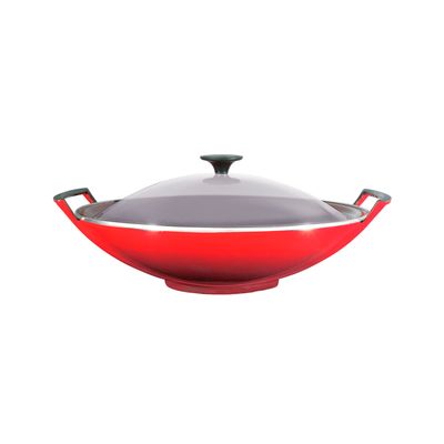 Wok in Geëmailleerd Gietijzer met Glazen Deksel 36cm 4,5l Kersenrood  Le Creuset