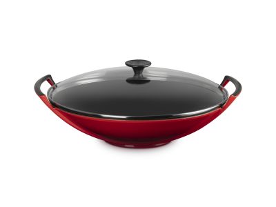 Wok in Geëmailleerd Gietijzer met Glazen Deksel 36cm 4,5l Kersenrood
