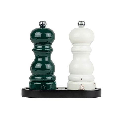 Duo Paris Geschenkverpakking - Duo u'Select 15 cm zout- en pepermolens, met zwart bamboe dienblad  Peugeot