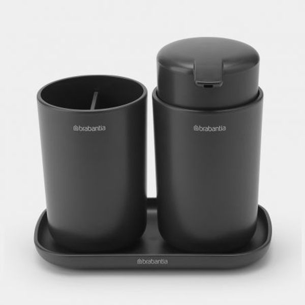 Brabantia ReNew badkameraccessoires, set van 3 - zeeppomp, tandenborstelhouder en schaal Dark Grey