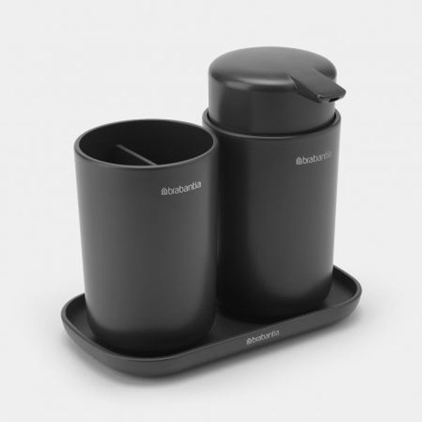 Brabantia ReNew badkameraccessoires, set van 3 - zeeppomp, tandenborstelhouder en schaal Dark Grey