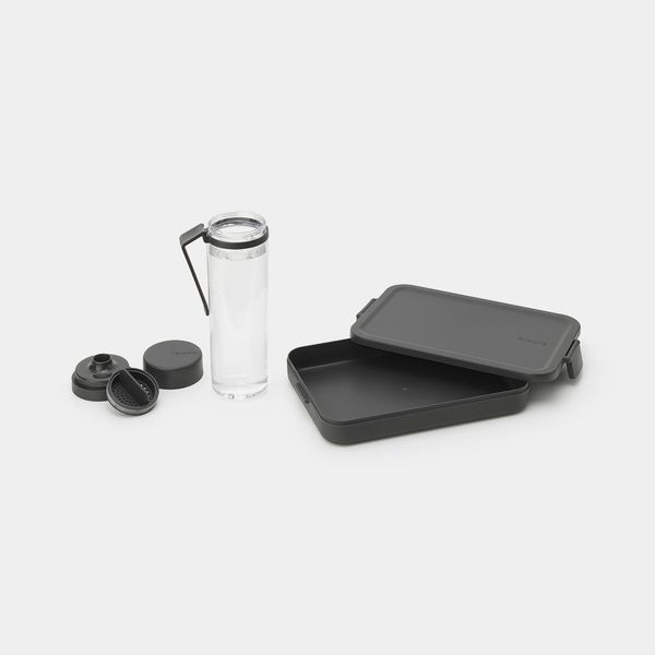 Make & Take breakset 2-delig, kunststof (waterfles met zeef, lunchbox plat) Dark Grey 