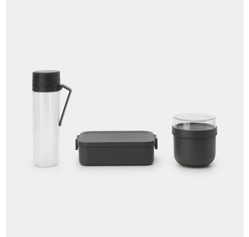 Make & Take set pour petit déjeuner et lunch, 3 pièces en plastique (bouteille d'eau avec filtre, bol petit déjeuner 0,5 litre, lunchbox moyenne) Dark Grey  Brabantia