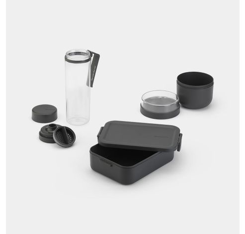 Make & Take set pour petit déjeuner et lunch, 3 pièces en plastique (bouteille d'eau avec filtre, bol petit déjeuner 0,5 litre, lunchbox moyenne) Dark Grey  Brabantia