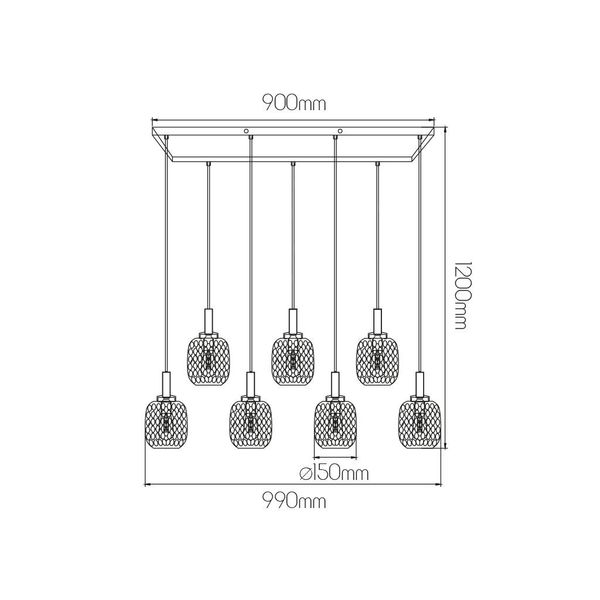 Fantasia OKIRU Pendel Balk 7xE27 Zwart + 7x as grijs glas Ø150mm