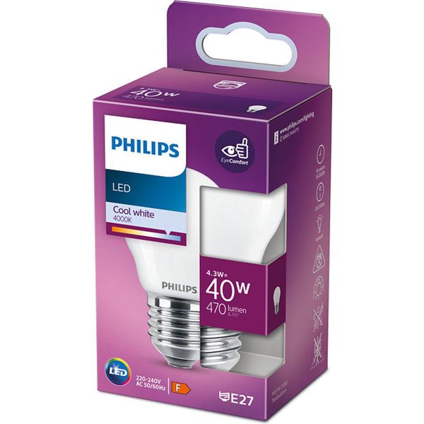 Philips Lighting LED kogellamp E27 P45 4,3W-40W CW          