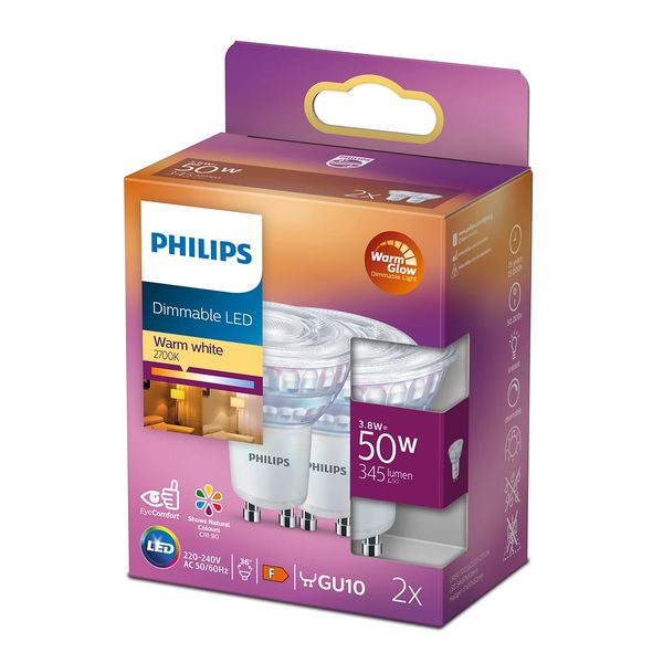 Philips Lighting LED-spot GU10 3,8W-50W Warmwit Dimbaar 2pcs