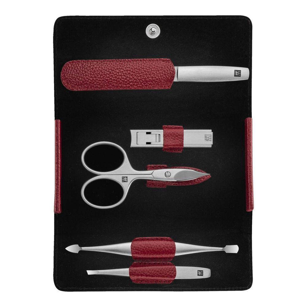 Zwilling Manicure / pedicure-set Etui, rood leder, drukknopsluiting, 5-delig