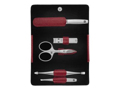 Etui, rood leder, drukknopsluiting, 5-delig
