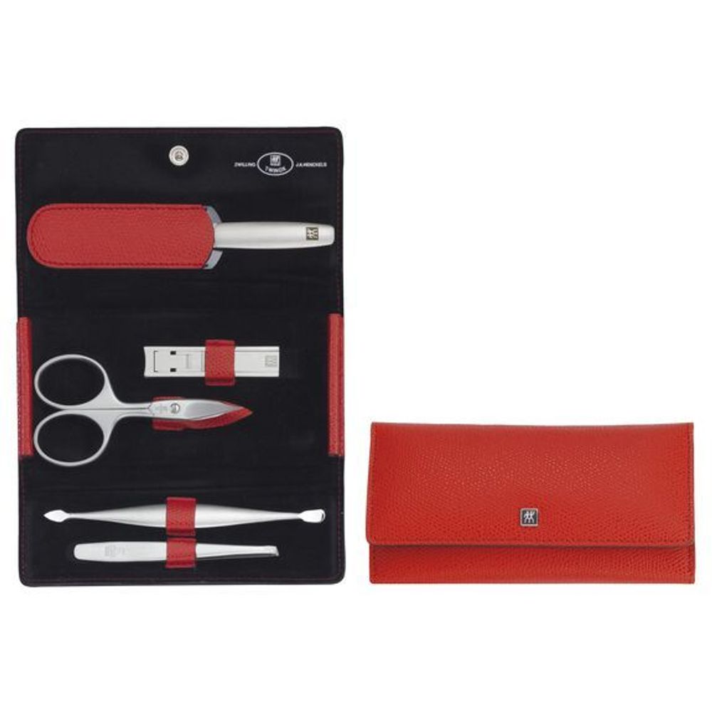 Zwilling Manicure / pedicure-set Etui, rood leder, drukknopsluiting, 5-delig