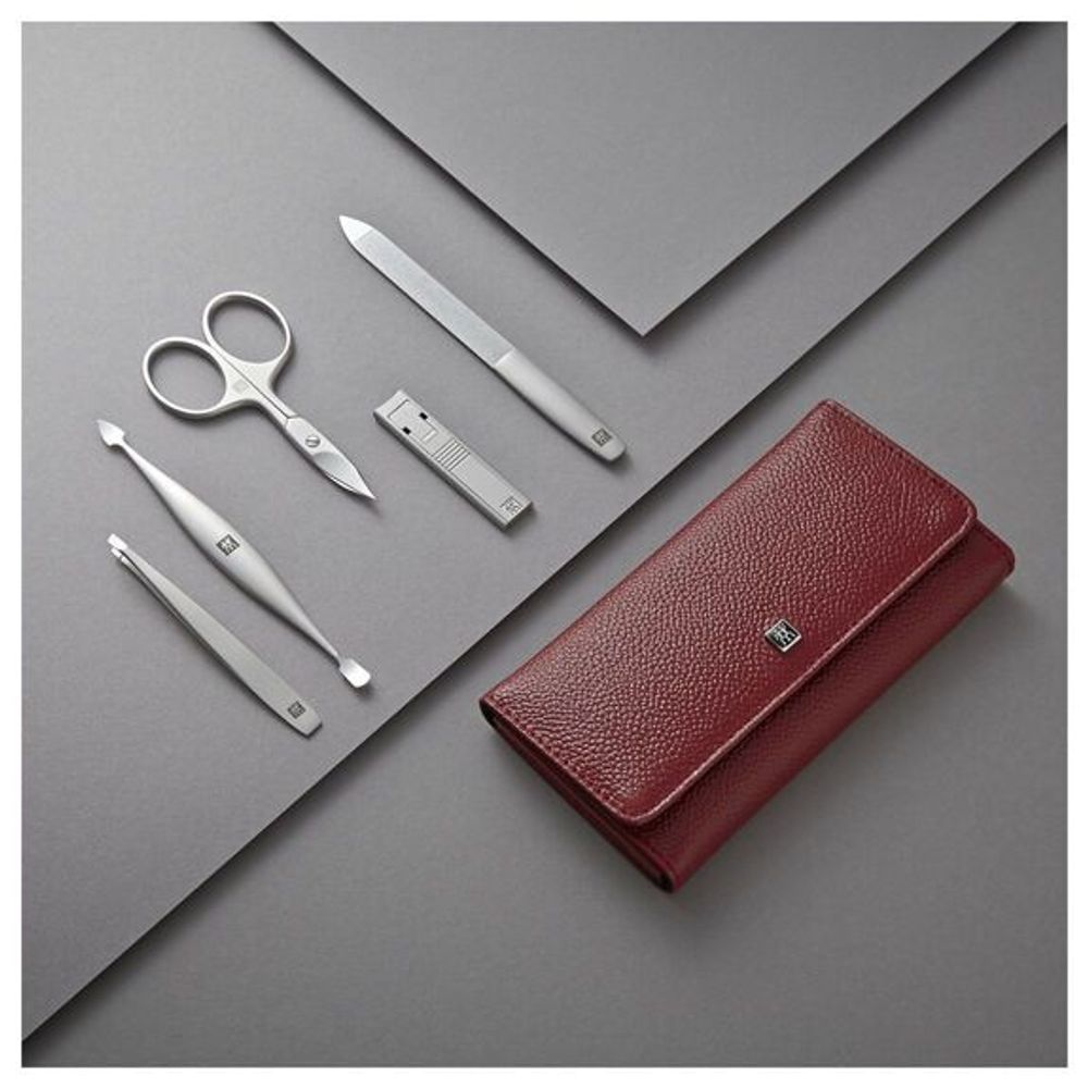 Zwilling Manicure / pedicure-set Etui, rood leder, drukknopsluiting, 5-delig