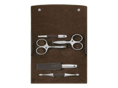 Etui, bruin leder, drukknopsluiting, 5-delig