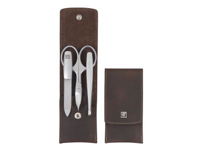 Etui, bruin leder, drukknopsluiting, 3-delig