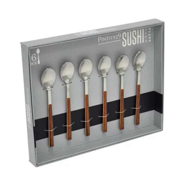 Sushi set van 6 mokkalepels uit rvs en kunststof teak 11cm in cadeauverpakking 