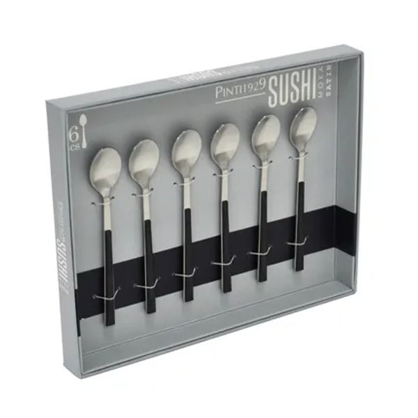 Sushi set van 6 mokkalepels uit rvs en kunststof zwart 11cm in cadeauverpakking 