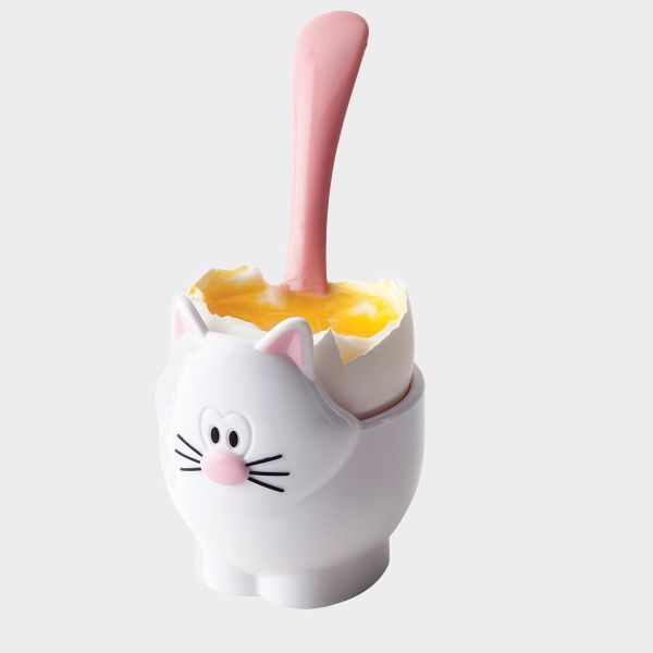 JOIE Meow eierdopje met lepel kat zwart of wit 5.2x5x9cm